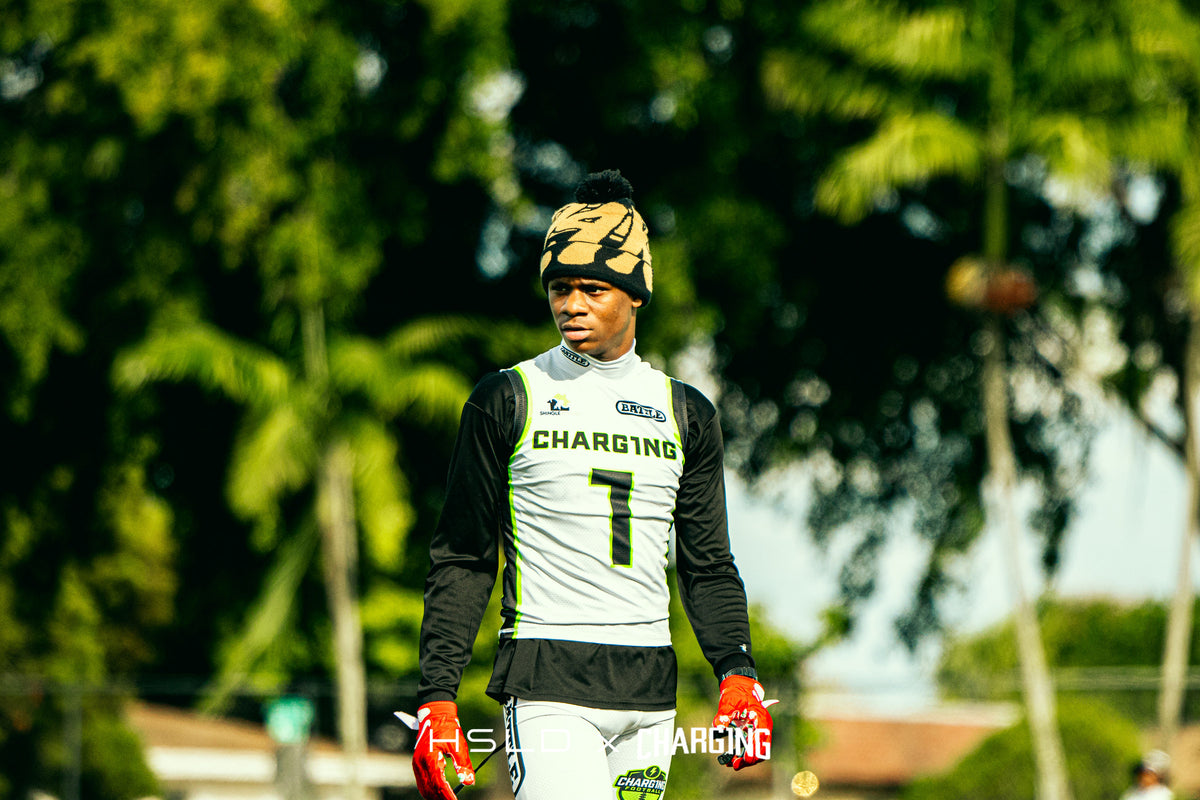 Charg1ng football athlete on an outdoor field.